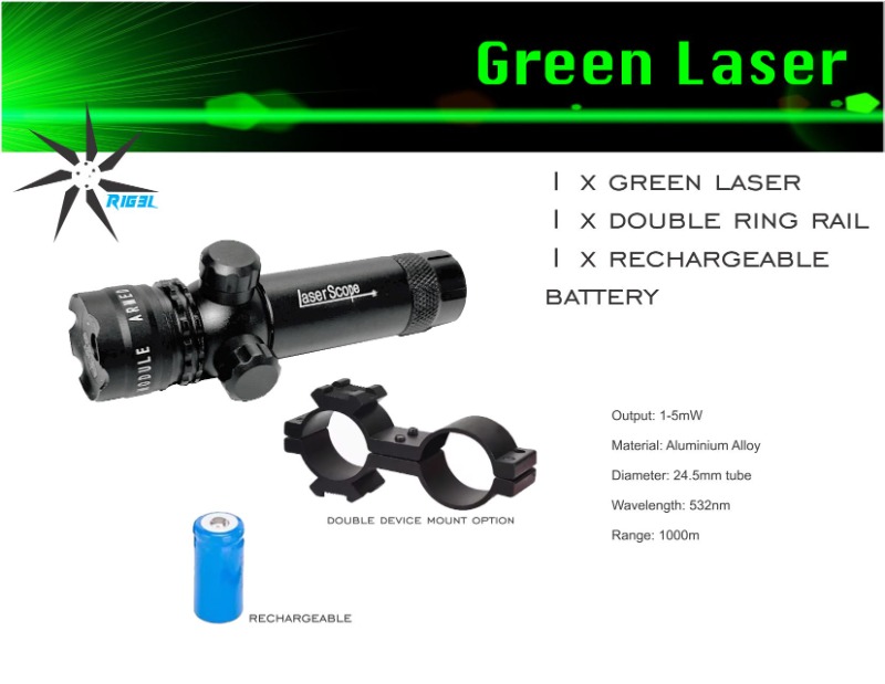 Laser - Green + Double Ring Rail + Battery (rechargeable) 